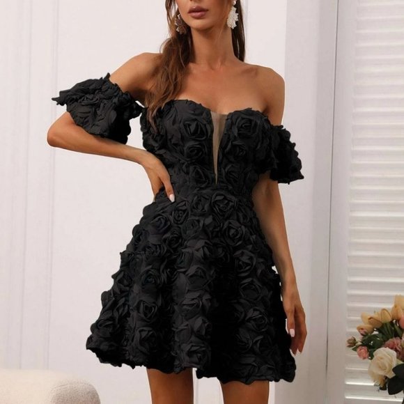 Black Preppy Womens Off Shoulder Contrast Mesh Appliques Dress - Picture 3 of 5